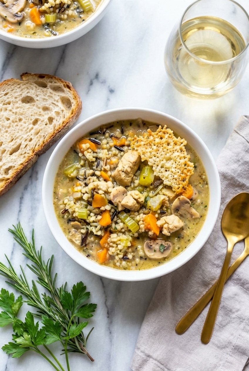 A rustic dinner table featuring chicken and wild rice soup served with a side of toasted bread.