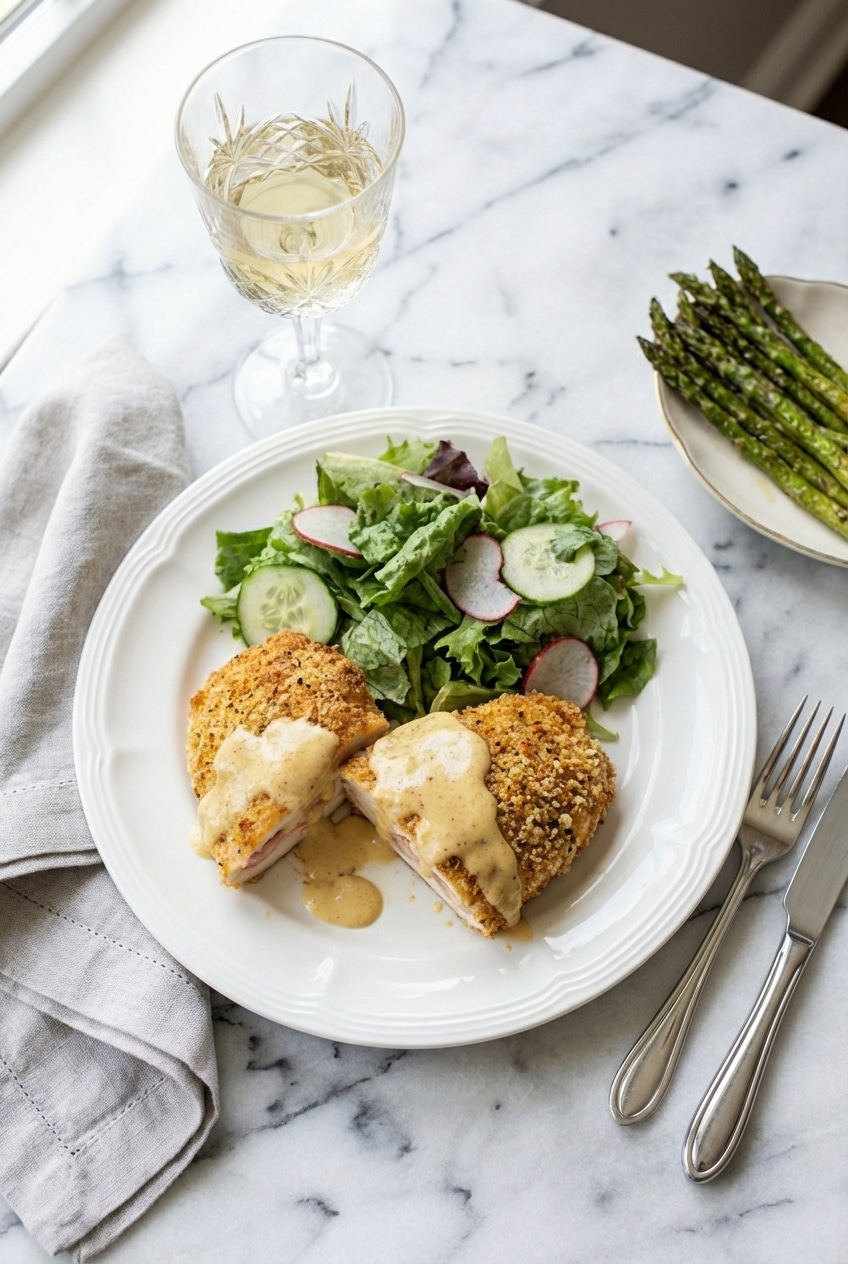 Plated Chicken Cordon Bleu served on a dinner table with a side of greens and a light drizzle of cream sauce.