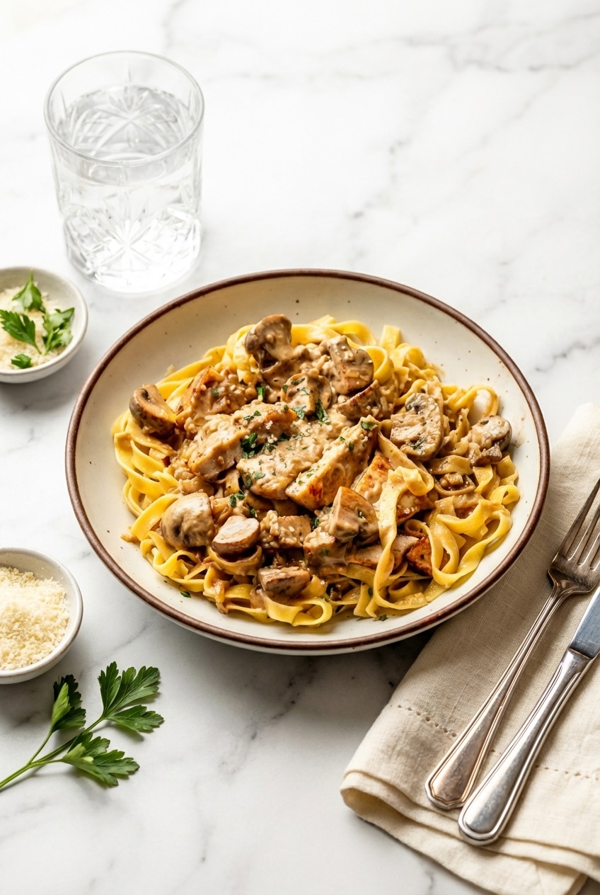 A steaming portion of chicken marsala pasta served in a ceramic bowl for a cozy weeknight dinner.