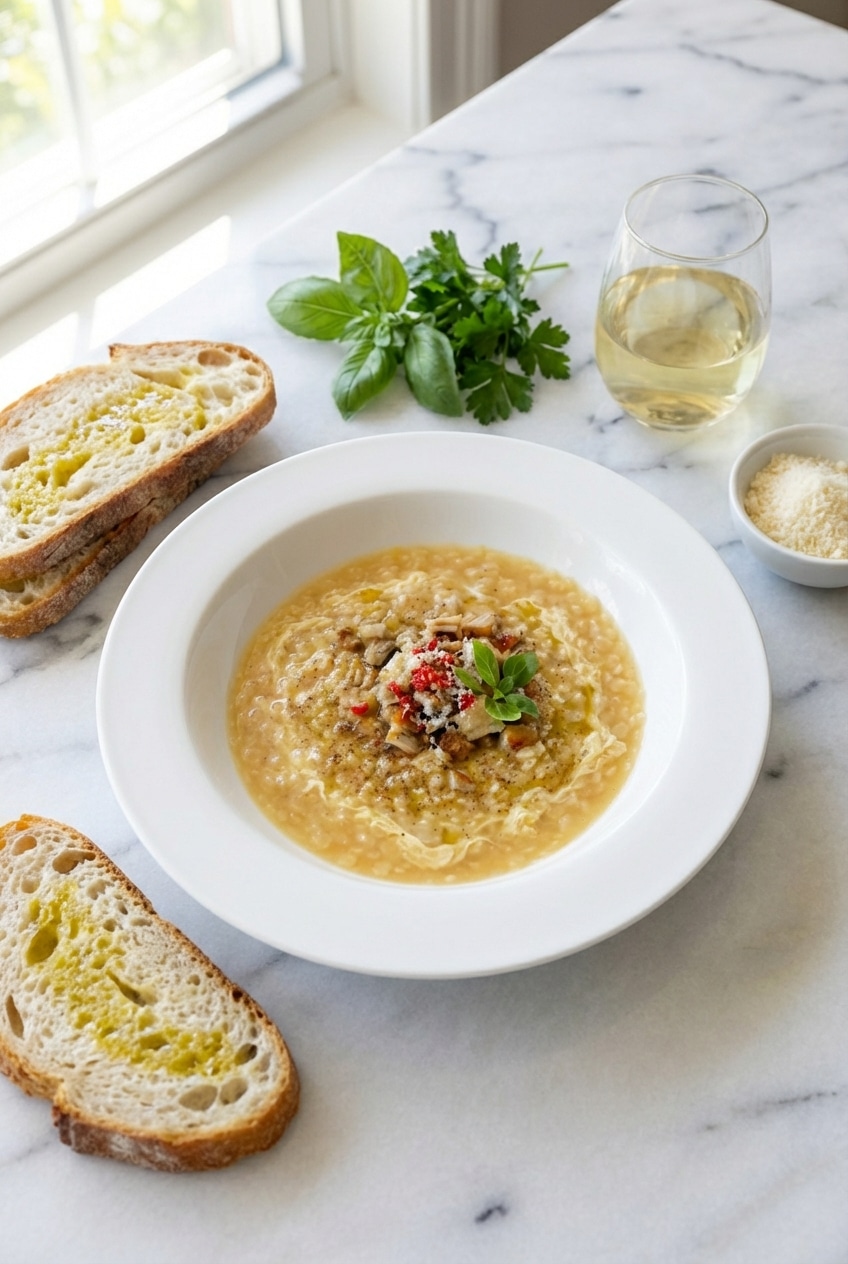 Ladle pouring Chicken Pastina Soup into a ceramic bowl for a cozy dinner serving.