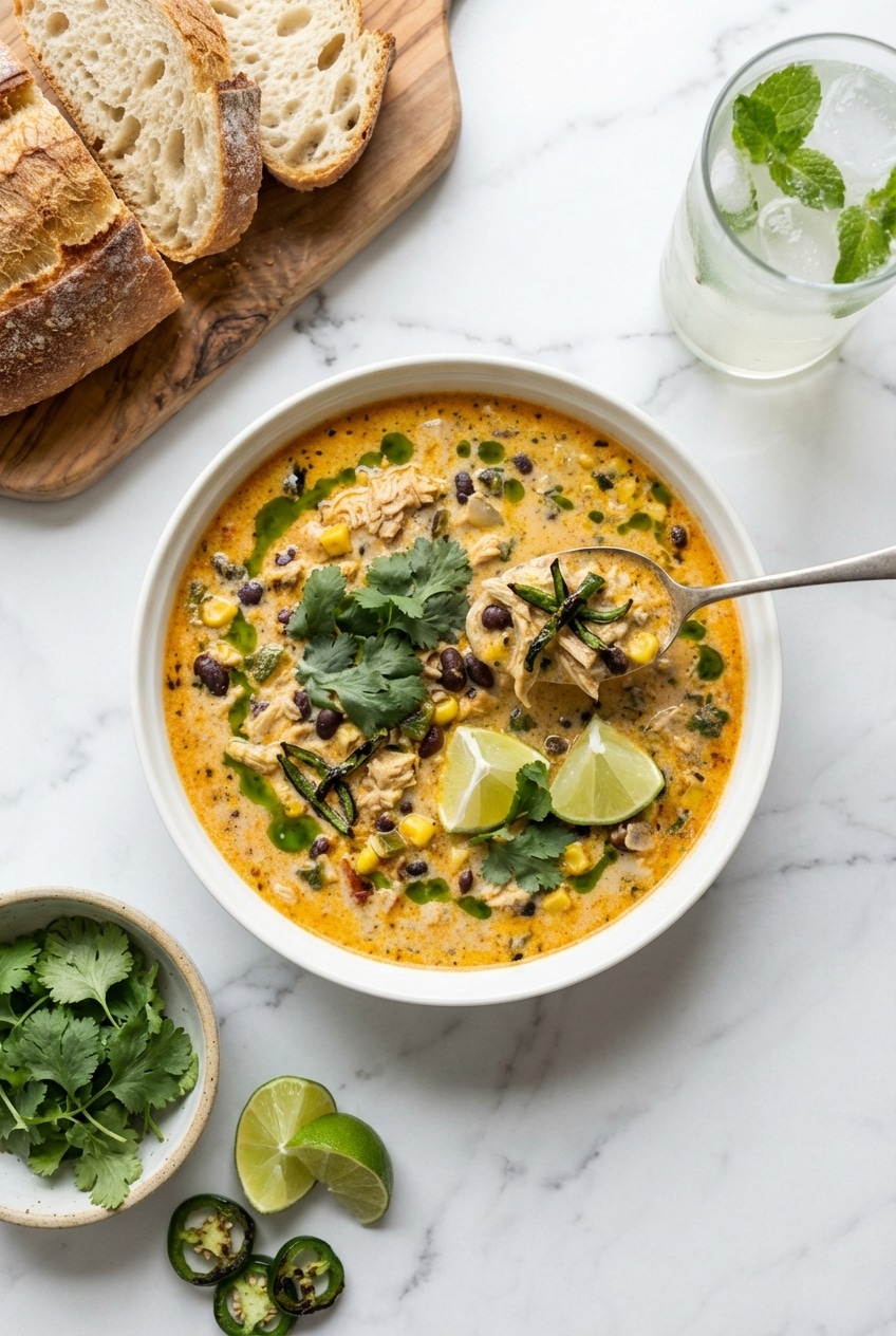 Two bowls of creamy chicken poblano soup garnished with fresh cilantro and tortilla strips.