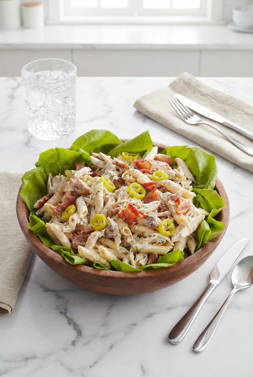 Large serving bowl filled with chilled chicken bacon ranch pasta salad ready for a picnic table setting.
