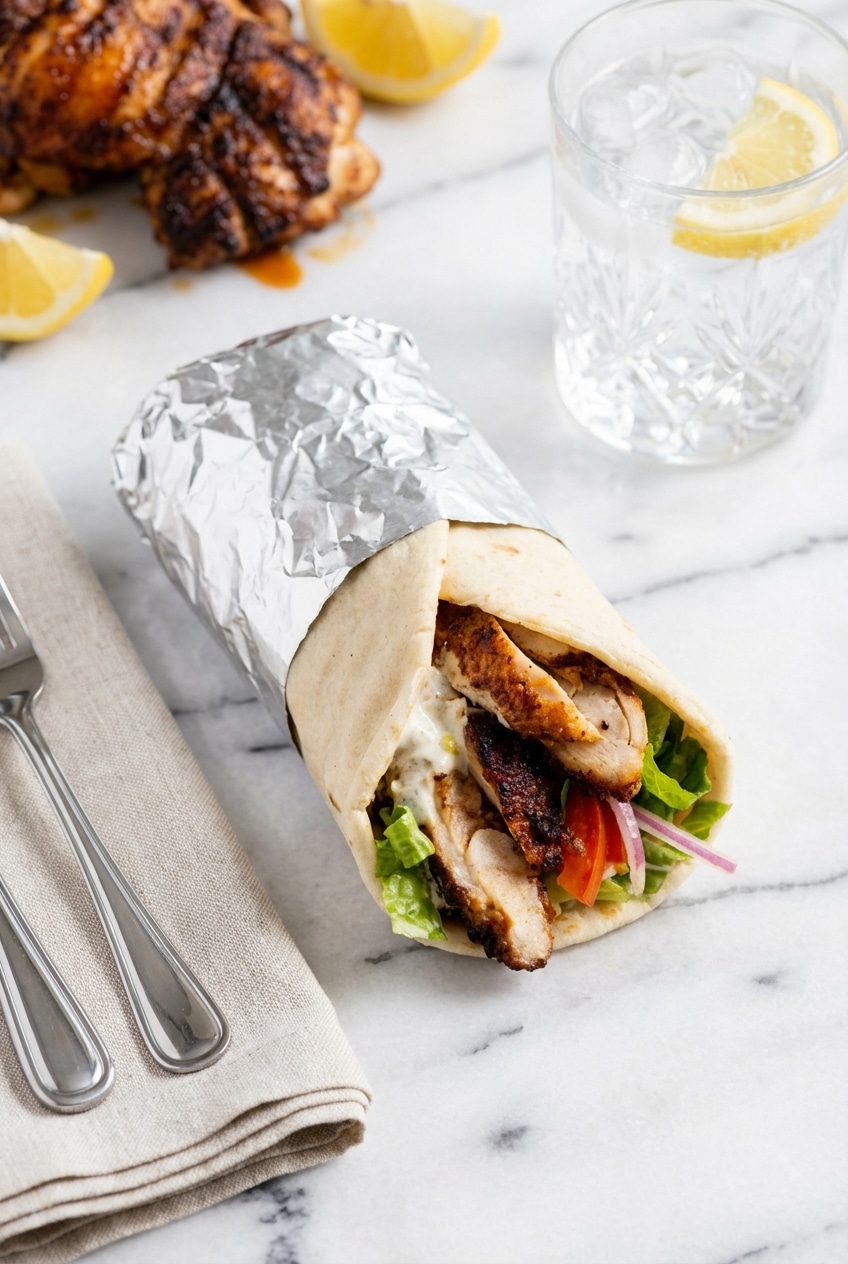 Chicken shawarma recipe served family style with warm pita bread and creamy yogurt sauce on a dinner table