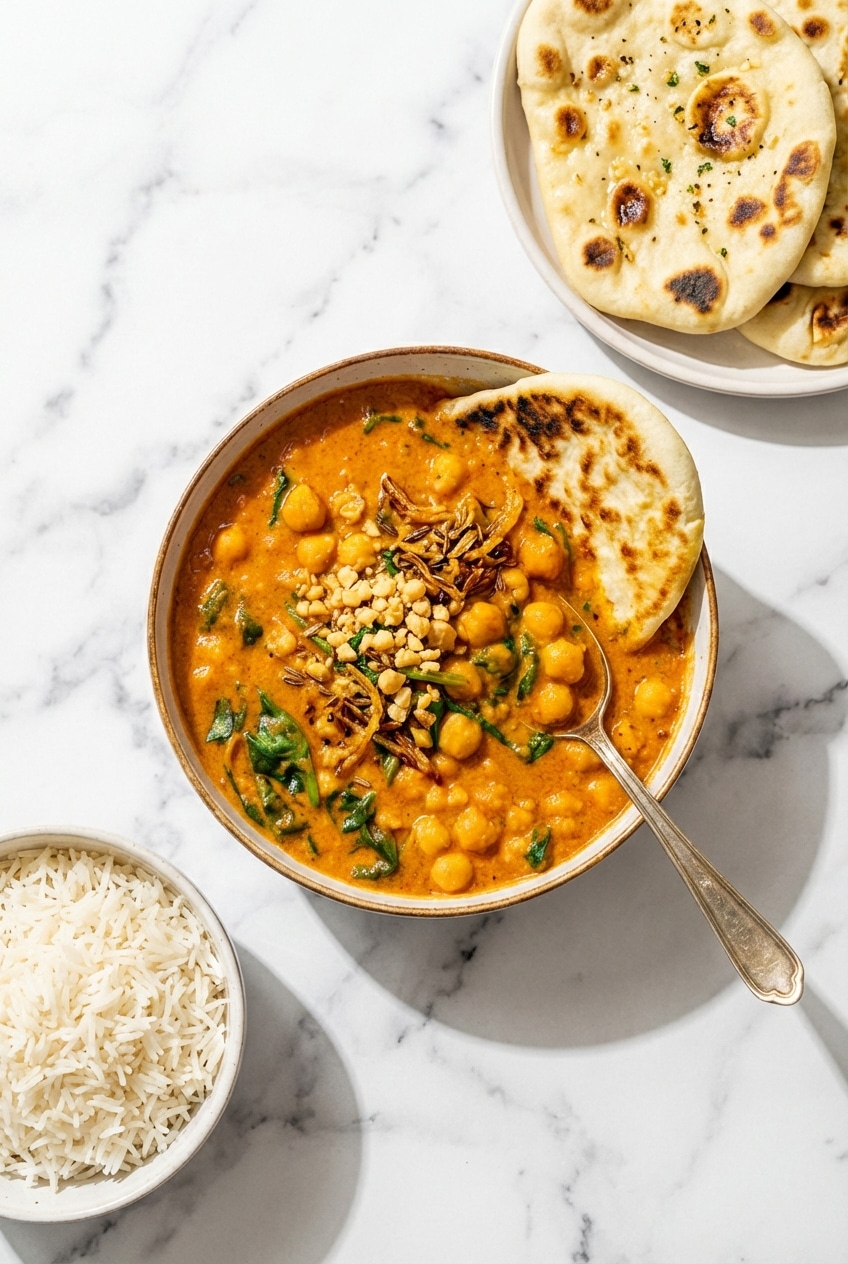 A bowl of warm chickpea curry served with rice and fresh cilantro on a dinner table