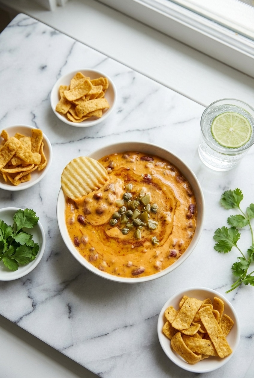 Warm chili cheese dip served in a bowl surrounded by salty corn chips and fresh jalapeño slices.