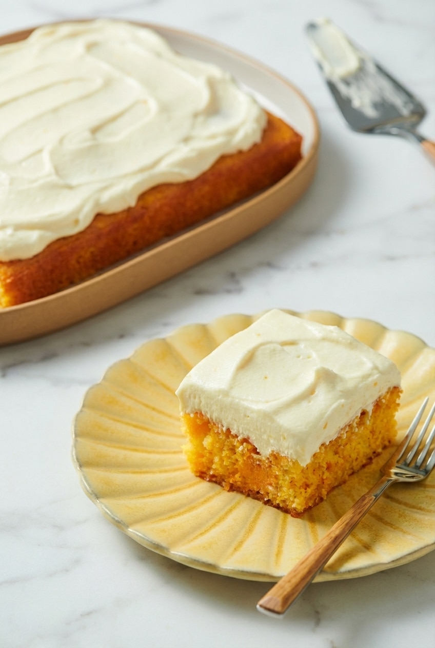 Sliced orange creamsicle cake served on a plate, ideal for a bright family gathering.