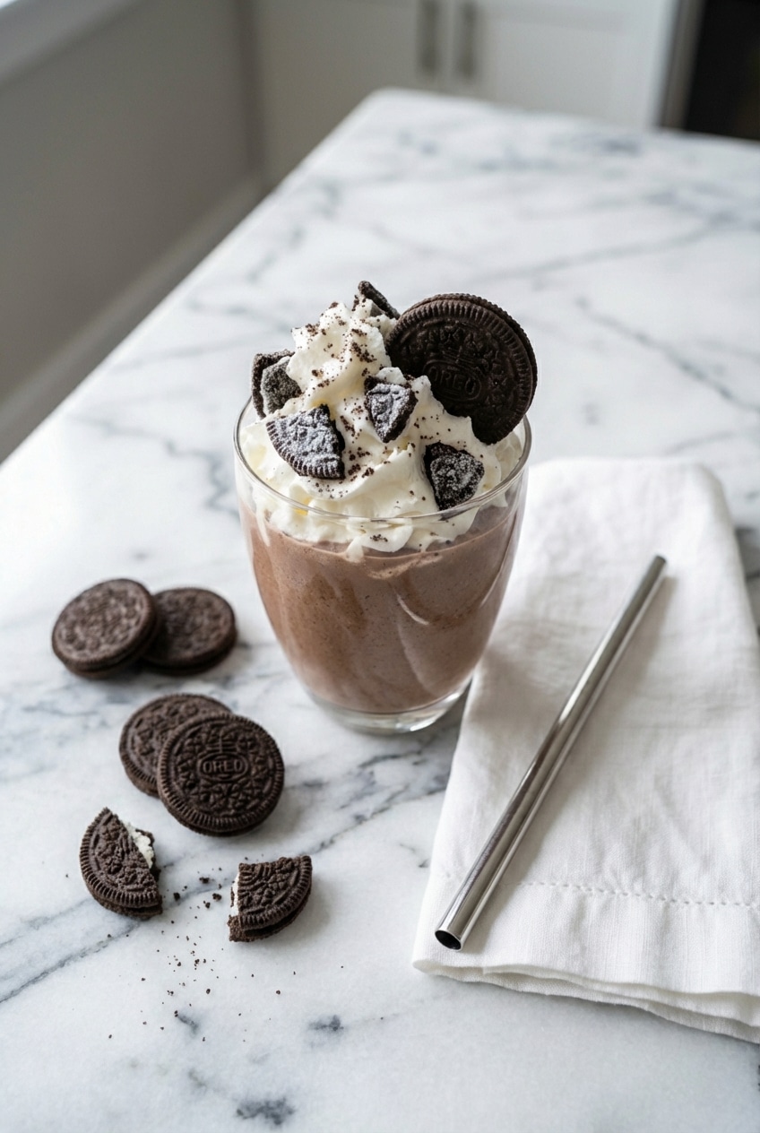 Two oreo milkshakes served in chilled glasses with straws, perfect for a casual dessert or summer treat.