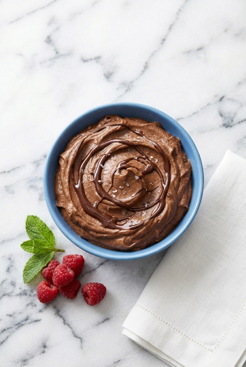 Individual glass jars of Chocolate Avocado Pudding garnished with salt on a rustic wooden serving tray.