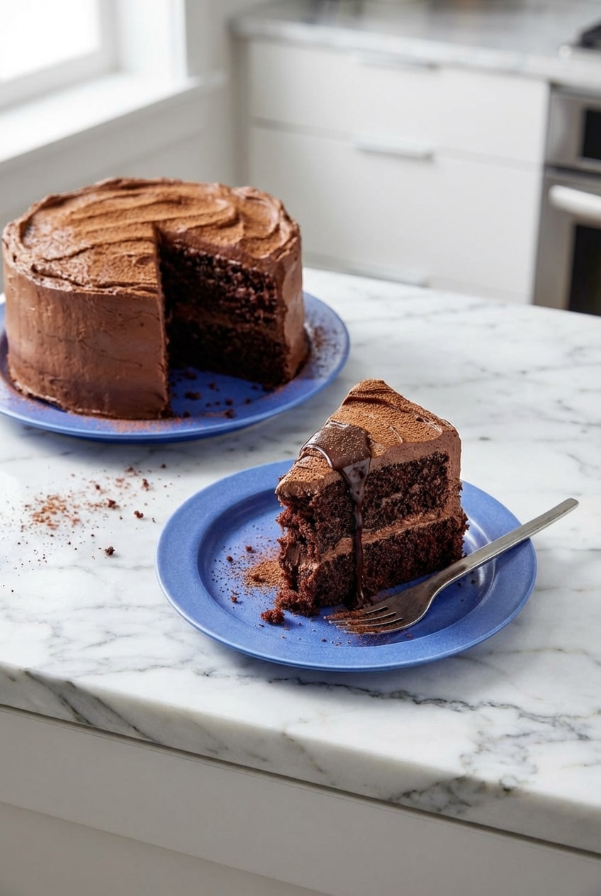A slice of this chocolate cake recipe served on a dessert plate with a fork, ready for an afternoon snack.