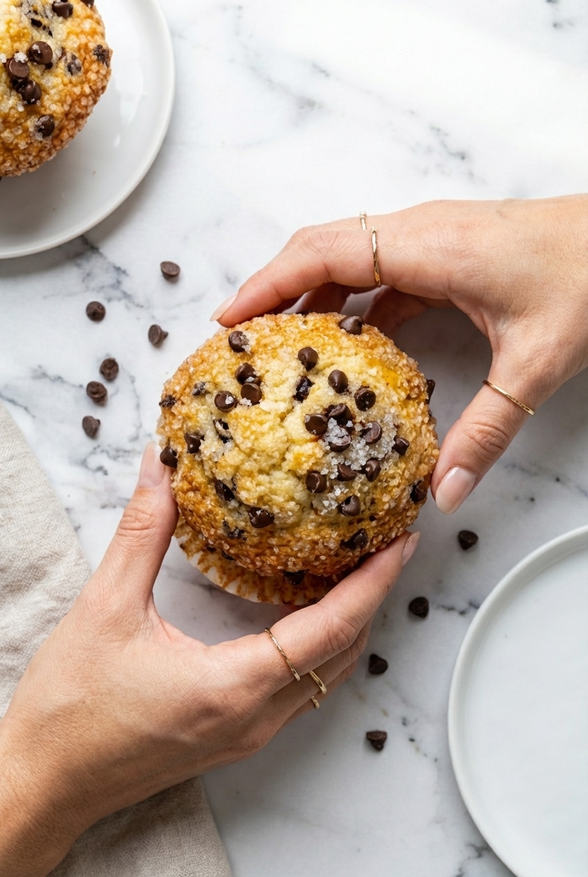 Freshly baked chocolate chip muffins resting on a wire cooling rack alongside a warm cup of coffee.