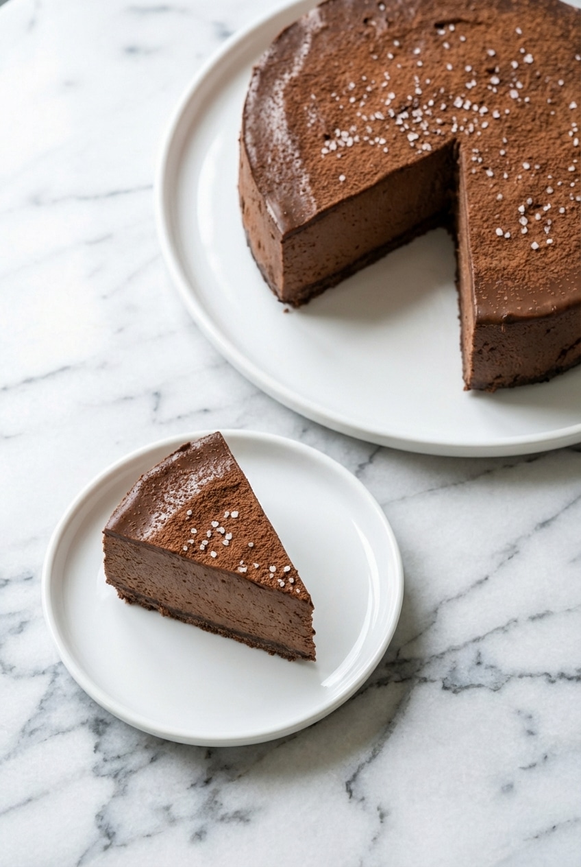 Sliced chocolate mousse cheesecake arranged on plates, highlighting the espresso-salted cocoa bloom.