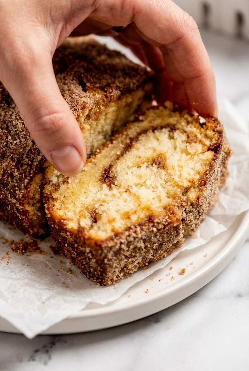 Slices of cinnamon donut bread served on a plate highlighting the brown butter sugar crust.