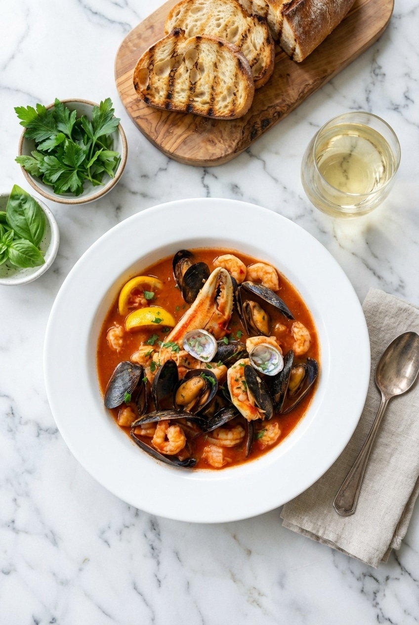 Bowl of Cioppino Recipe served with crusty sourdough bread and a glass of chilled wine on a wooden table.