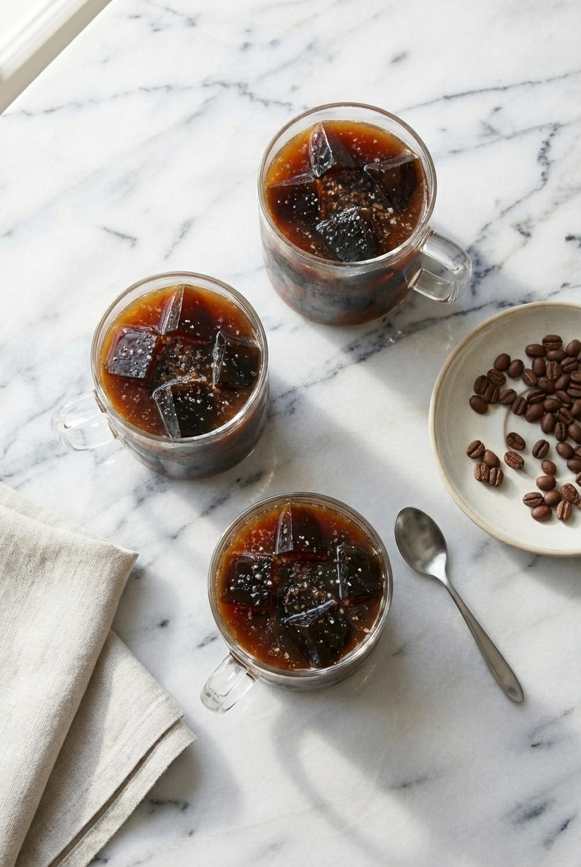 Tall glass of coffee jelly drink recipe served with a wide boba straw for a refreshing afternoon break.