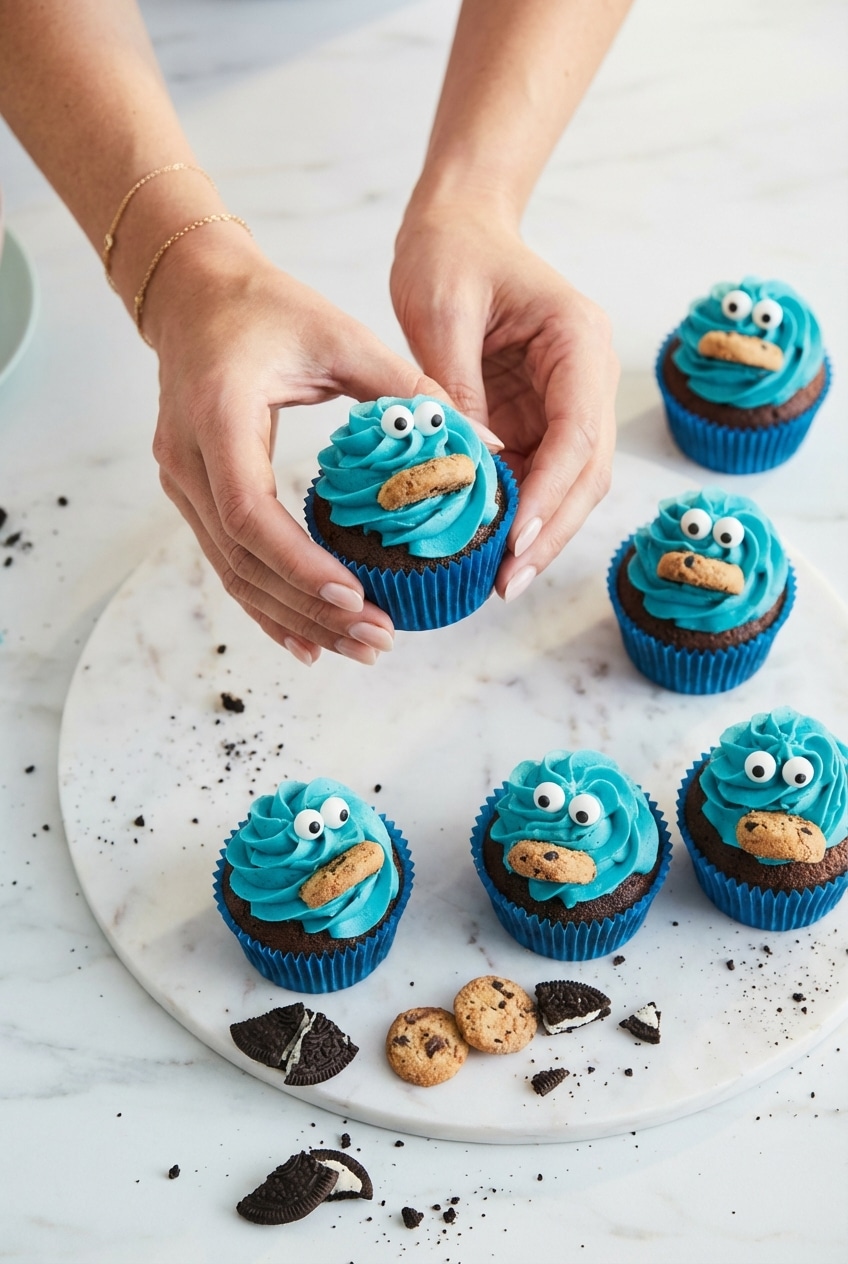 Platter of Cookie Monster Cupcakes with Oreo biscuits in their mouths ready for a birthday party.