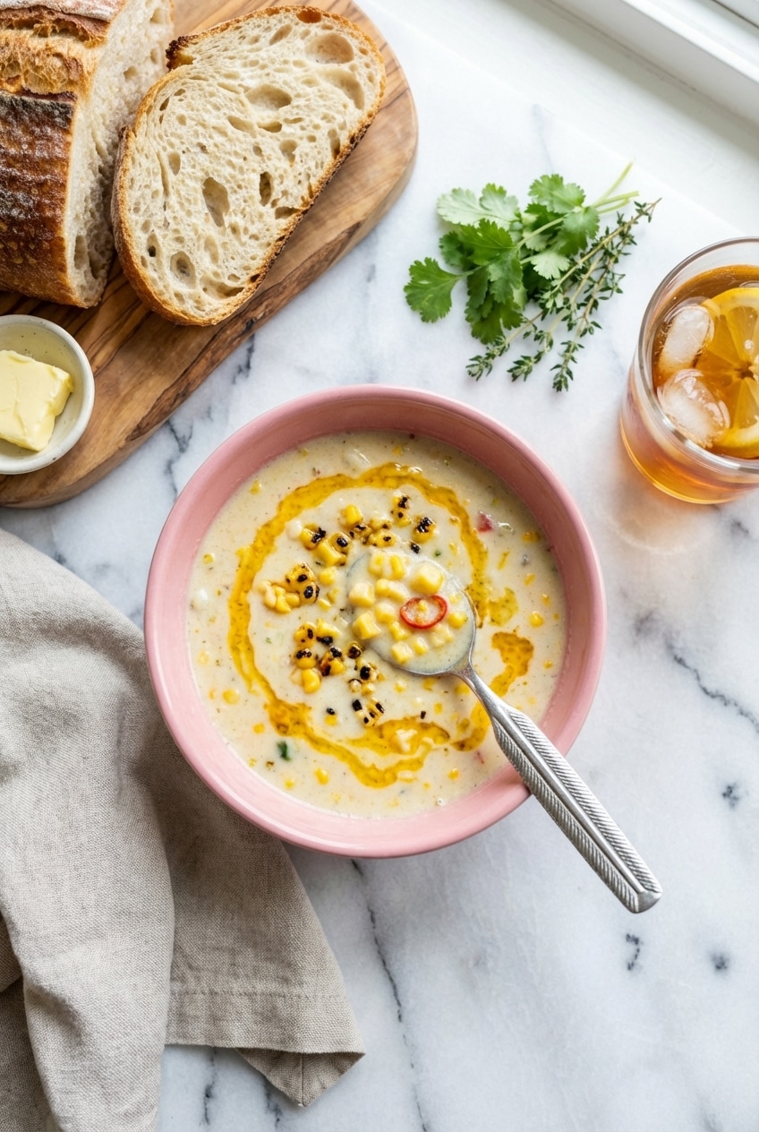 Ceramic bowl of corn chowder with chilies set on a rustic table, ready for a comforting dinner.