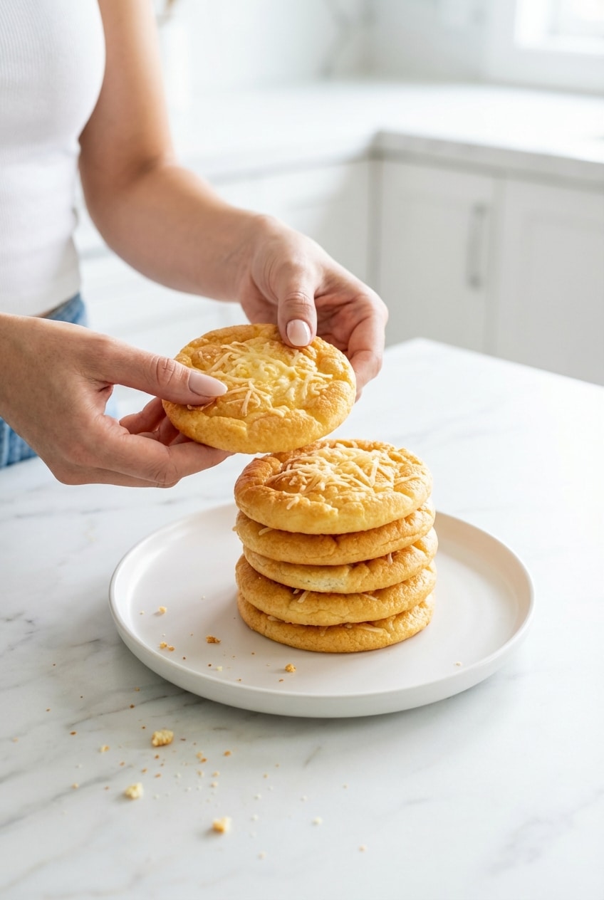 Two slices of Cottage Cheese Cloud Bread stacked on a plate ready to be served.