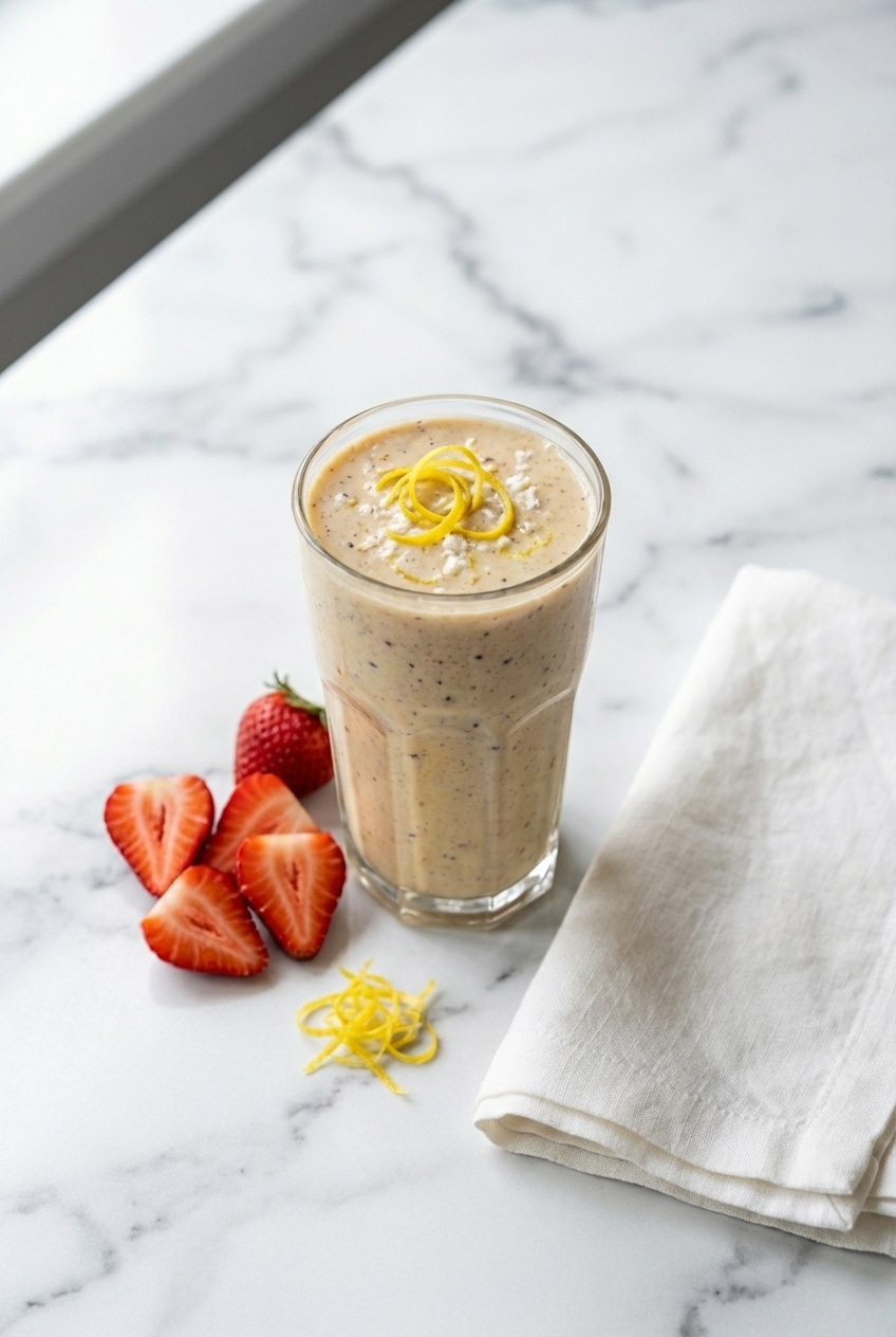 Refreshing cottage cheese smoothie served in a chilled glass with a lemon garnish on a sunny table.