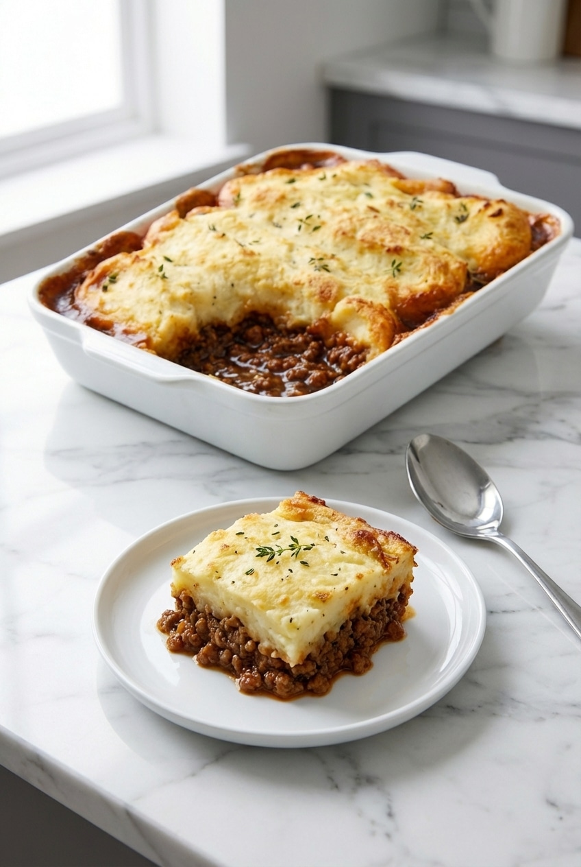 A warm serving of cottage pie on a ceramic plate, showcasing the thick meat layer and fluffy potato crust.