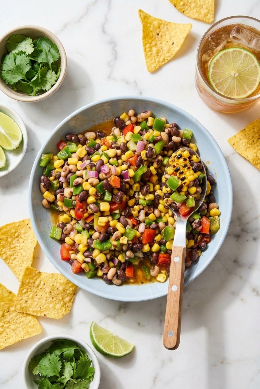 Cowboy Caviar Recipe served in a glass bowl with crunchy tortilla chips for a festive potluck appetizer.