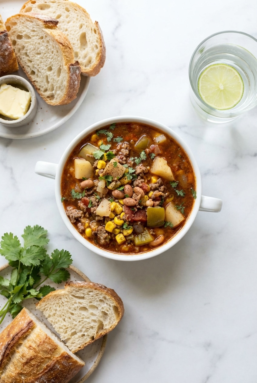 A rustic bowl of cowboy soup served with Tex-Mex garnishes, ideal for meal prep leftovers.