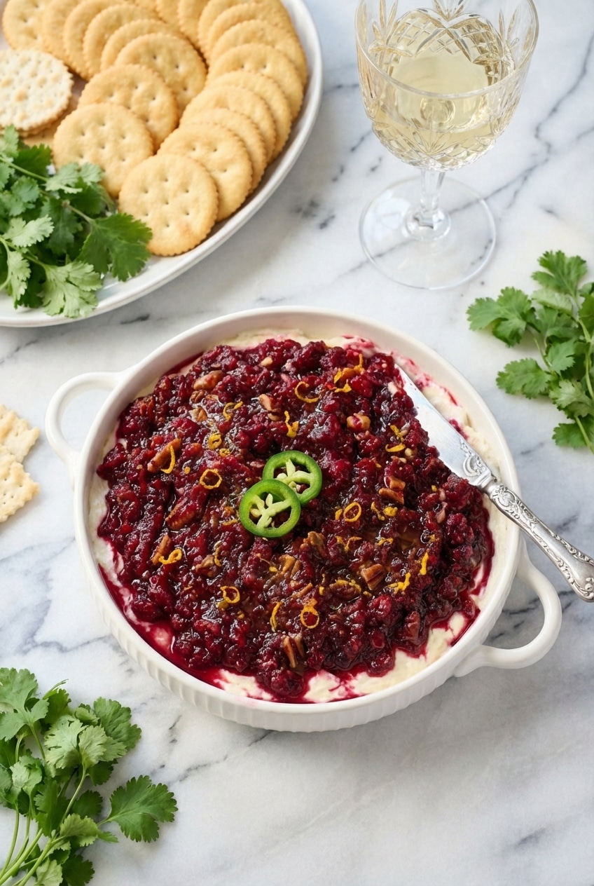 Spoonful of cranberry jalapeno cream cheese dip showing its airy, whipped texture and bright salsa topping.