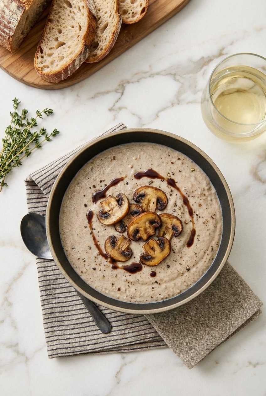 A rustic table setting featuring a warm bowl of cream of mushroom soup served with crusty bread.
