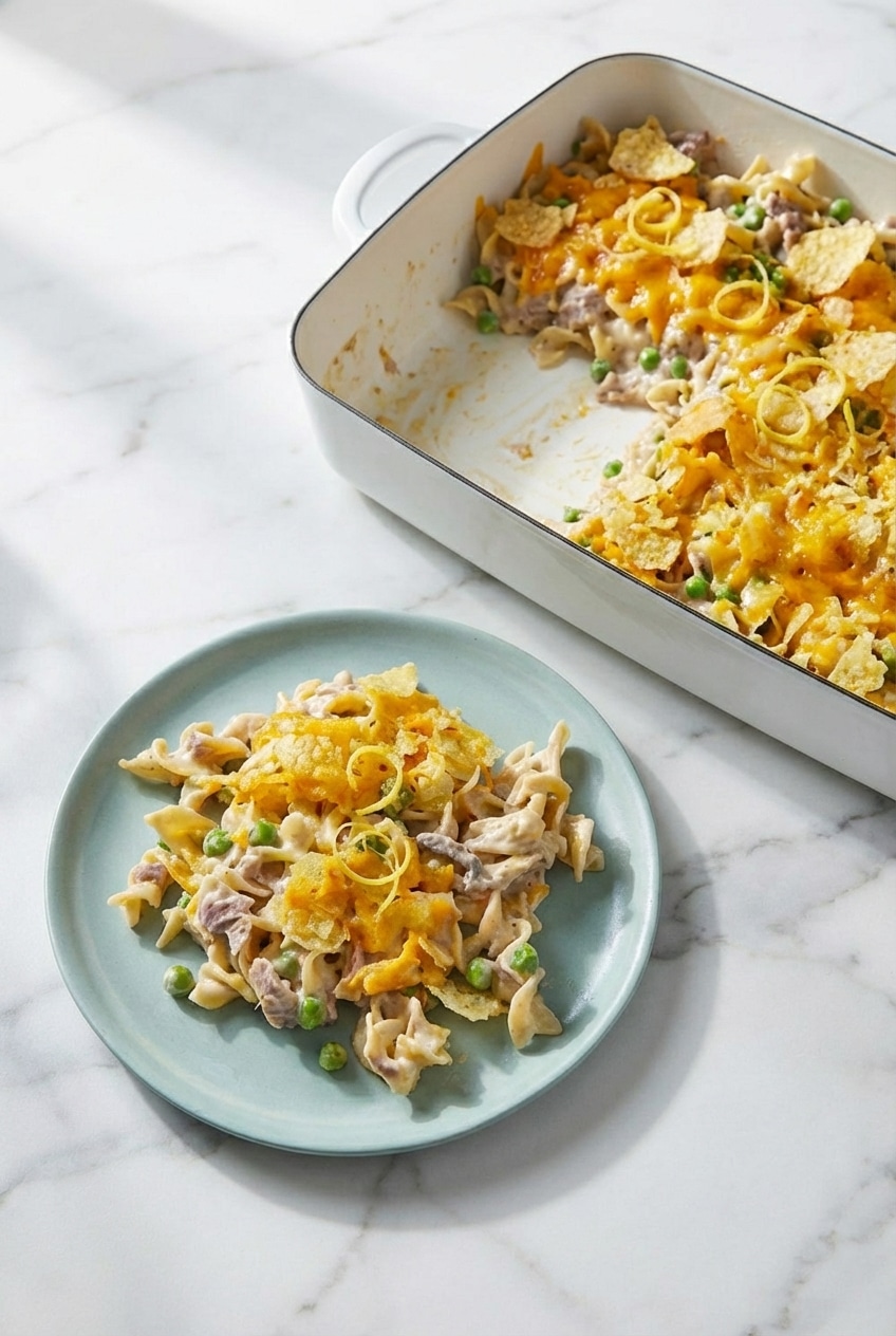 Close-up of creamy tuna noodle casserole with frozen peas and al dente egg noodles, ready for serving.