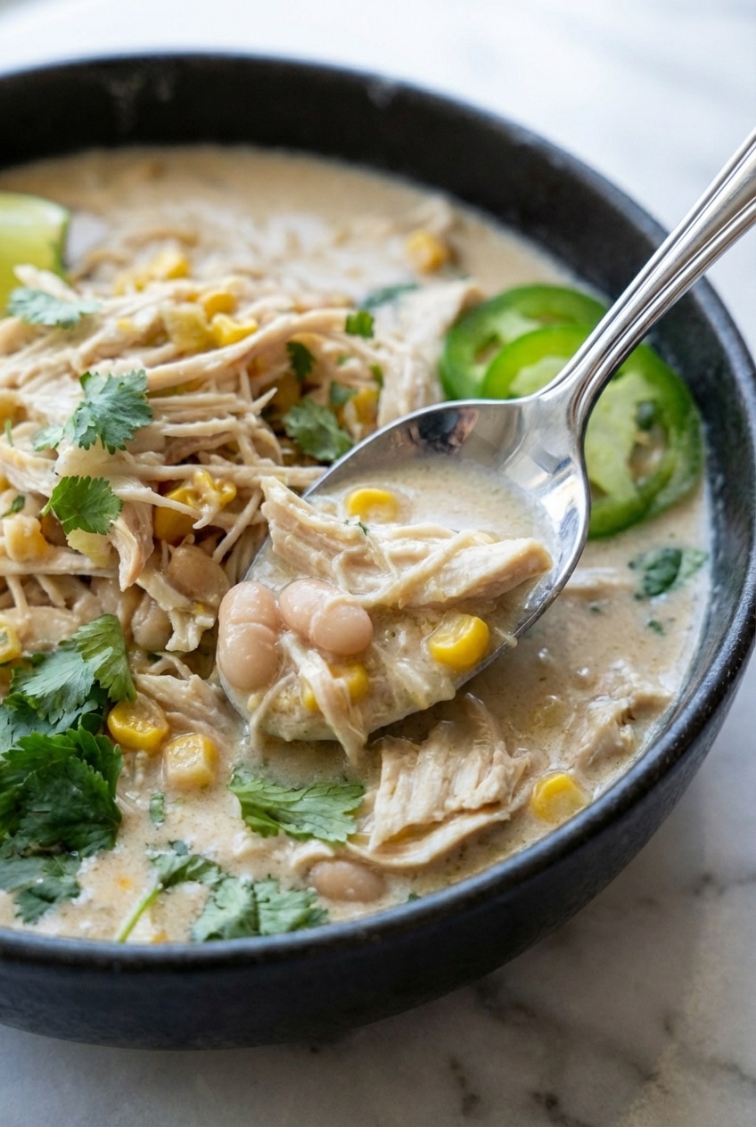 Ladling creamy white chicken chili slow cooker soup into a bowl with melted Monterey Jack cheese.
