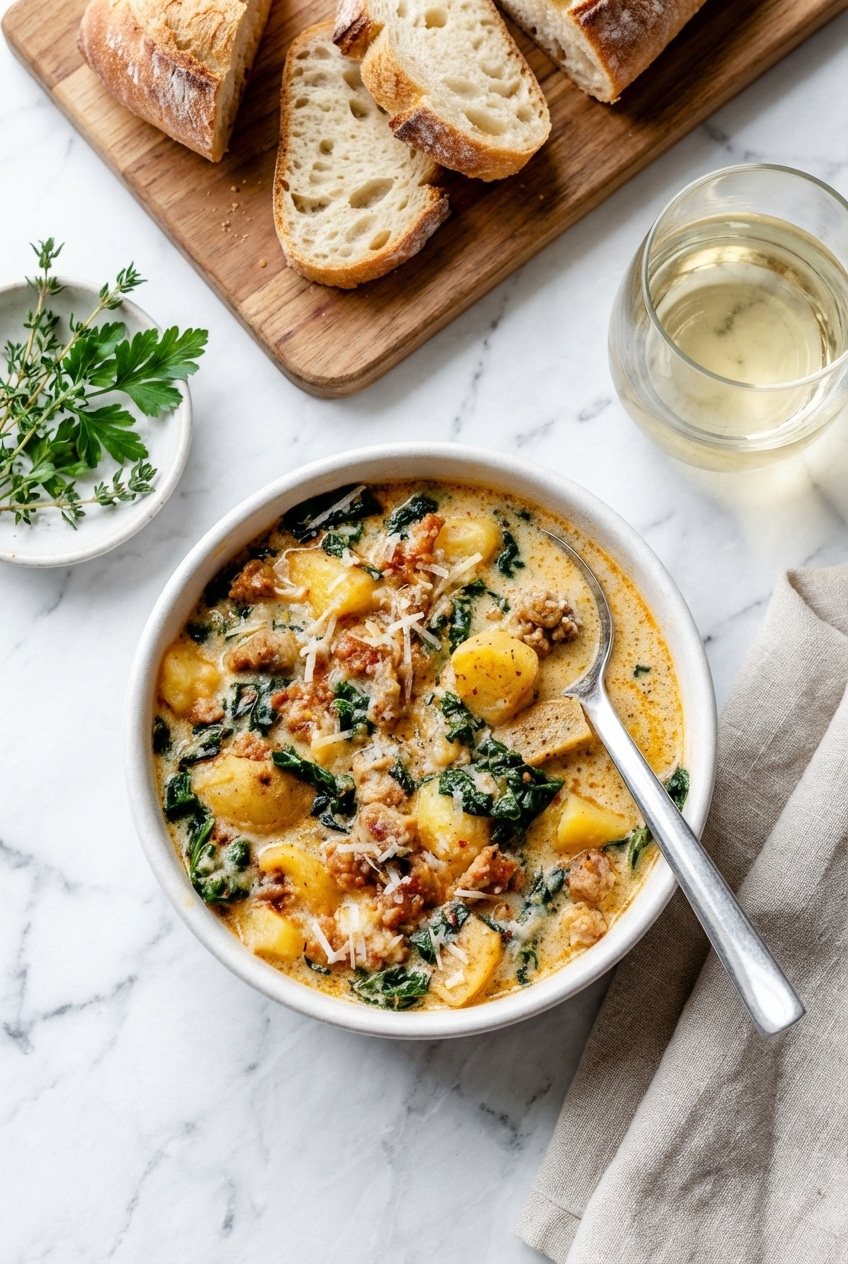 A hearty bowl of creamy zuppa toscana served with crusty bread, illustrating perfect serving and storage.