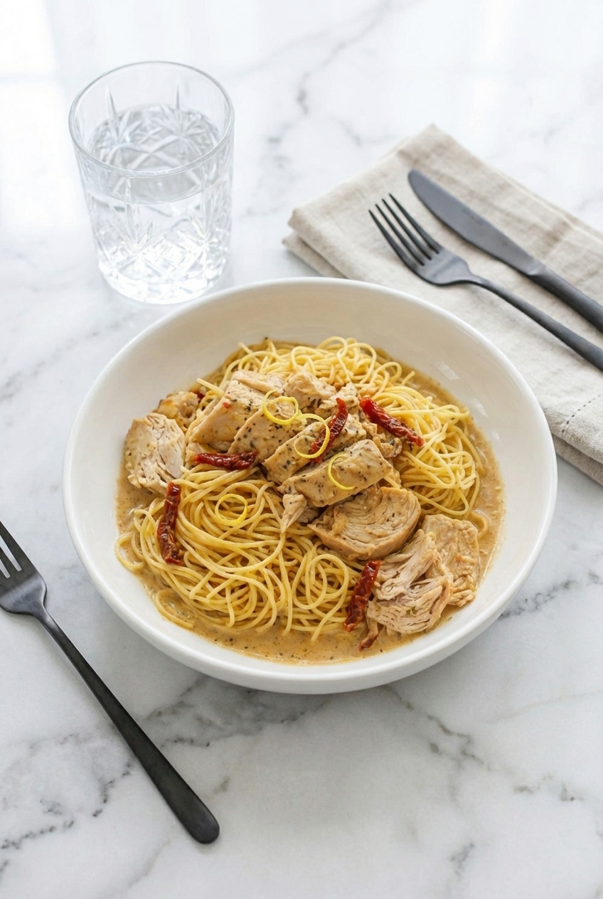 Individual serving of crockpot angel chicken in a white bowl ready for dinner.
