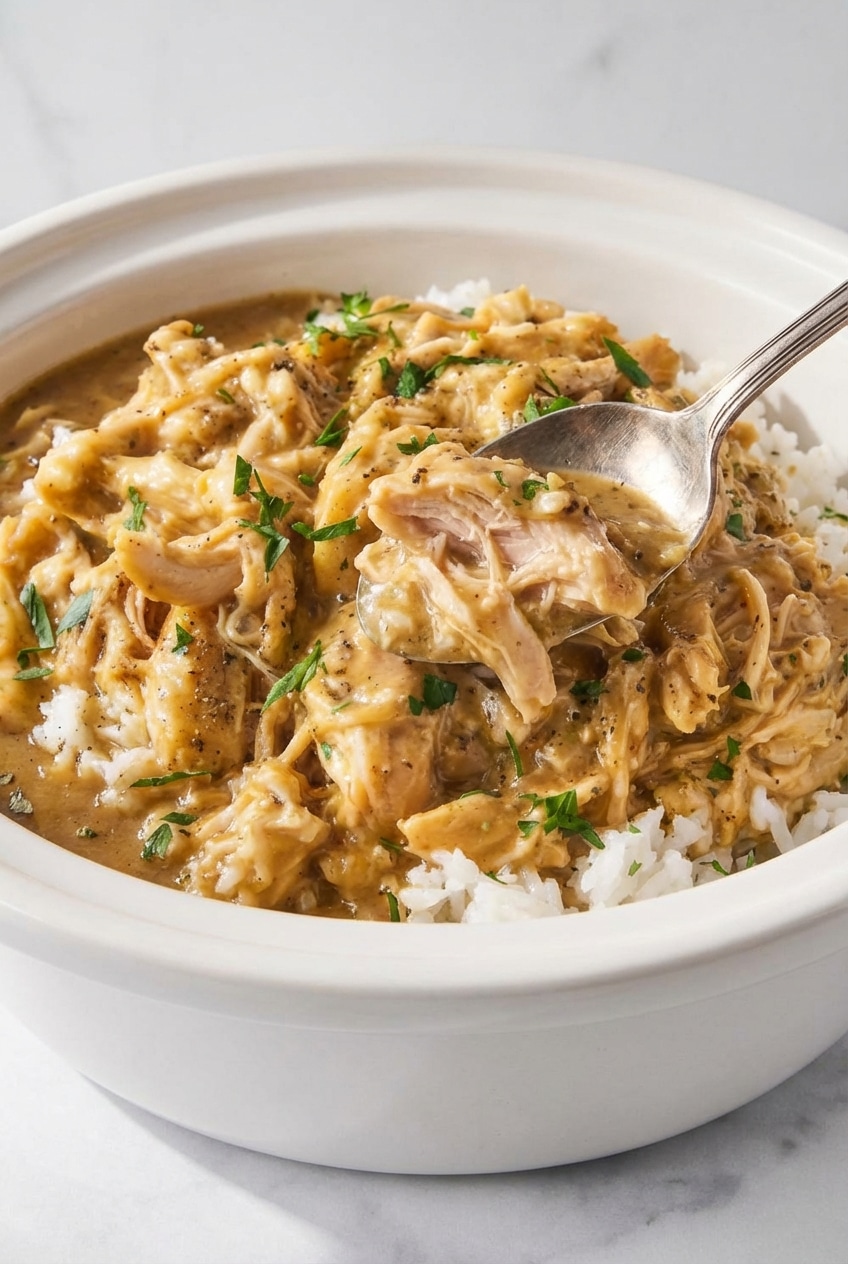 Serving of crockpot chicken and gravy over a bed of buttery egg noodles in a cozy kitchen setting.