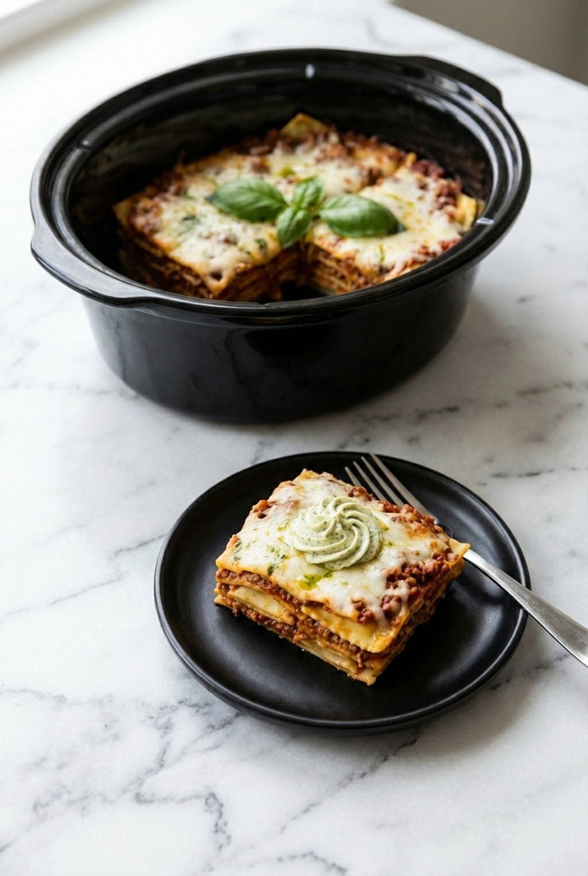 A serving of crockpot ravioli lasagna on a dinner plate, garnished with fresh basil, ready for a cozy family meal.