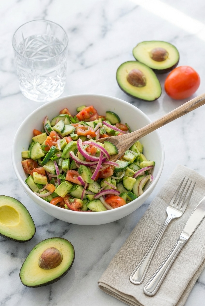 Cucumber Tomato Avocado Salad presented in a large serving bowl ready for a summer meal.