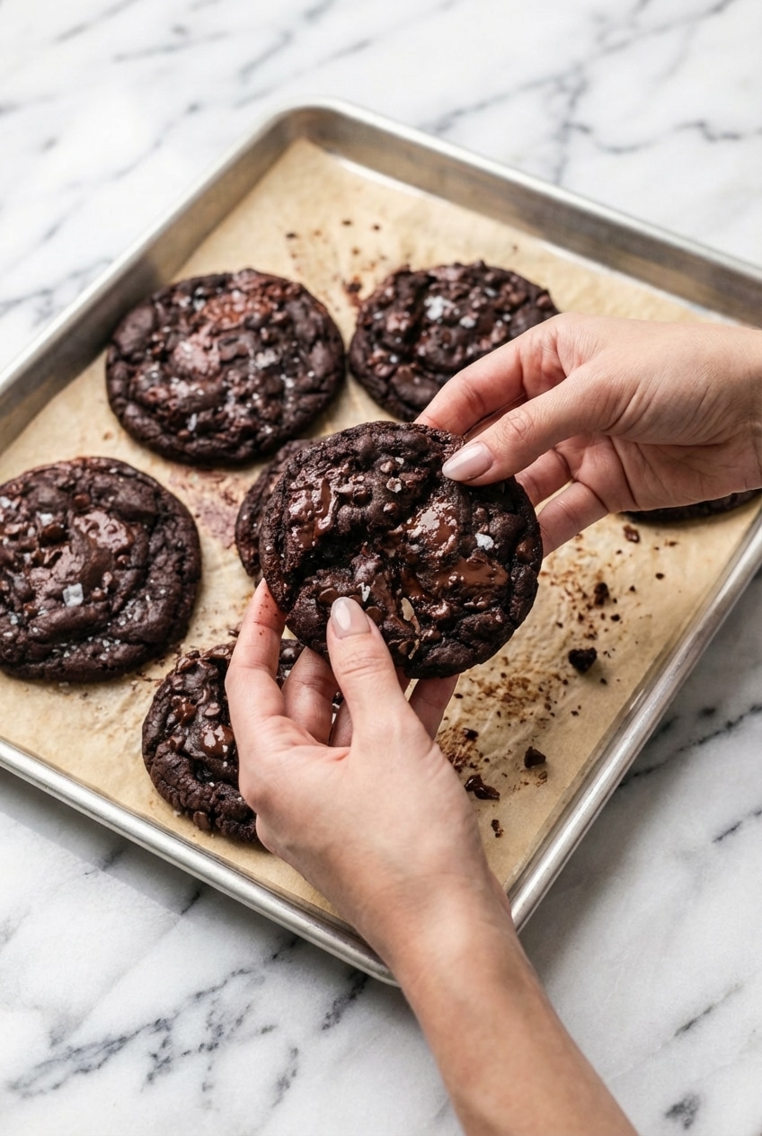 Dairy free chocolate cookies cooling on parchment paper, ready to be stored.