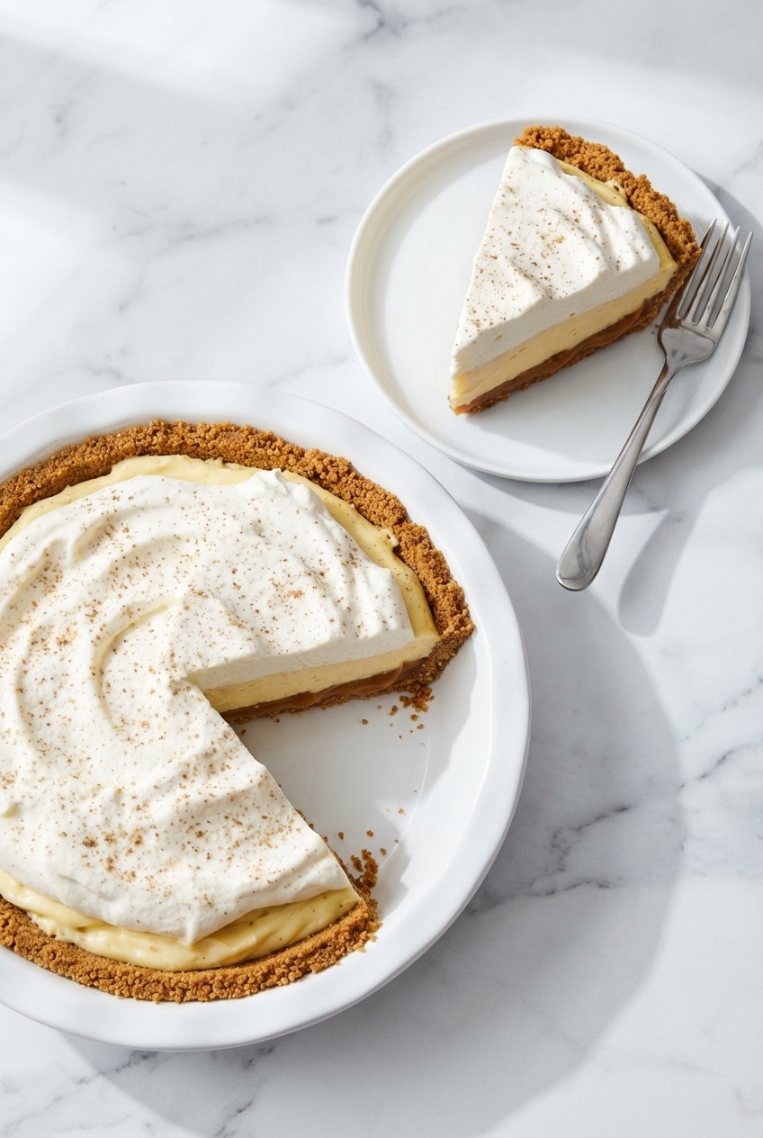 Slices of eggnog pie topped with whipped cream and nutmeg served on festive plates for a Christmas recipe dessert.