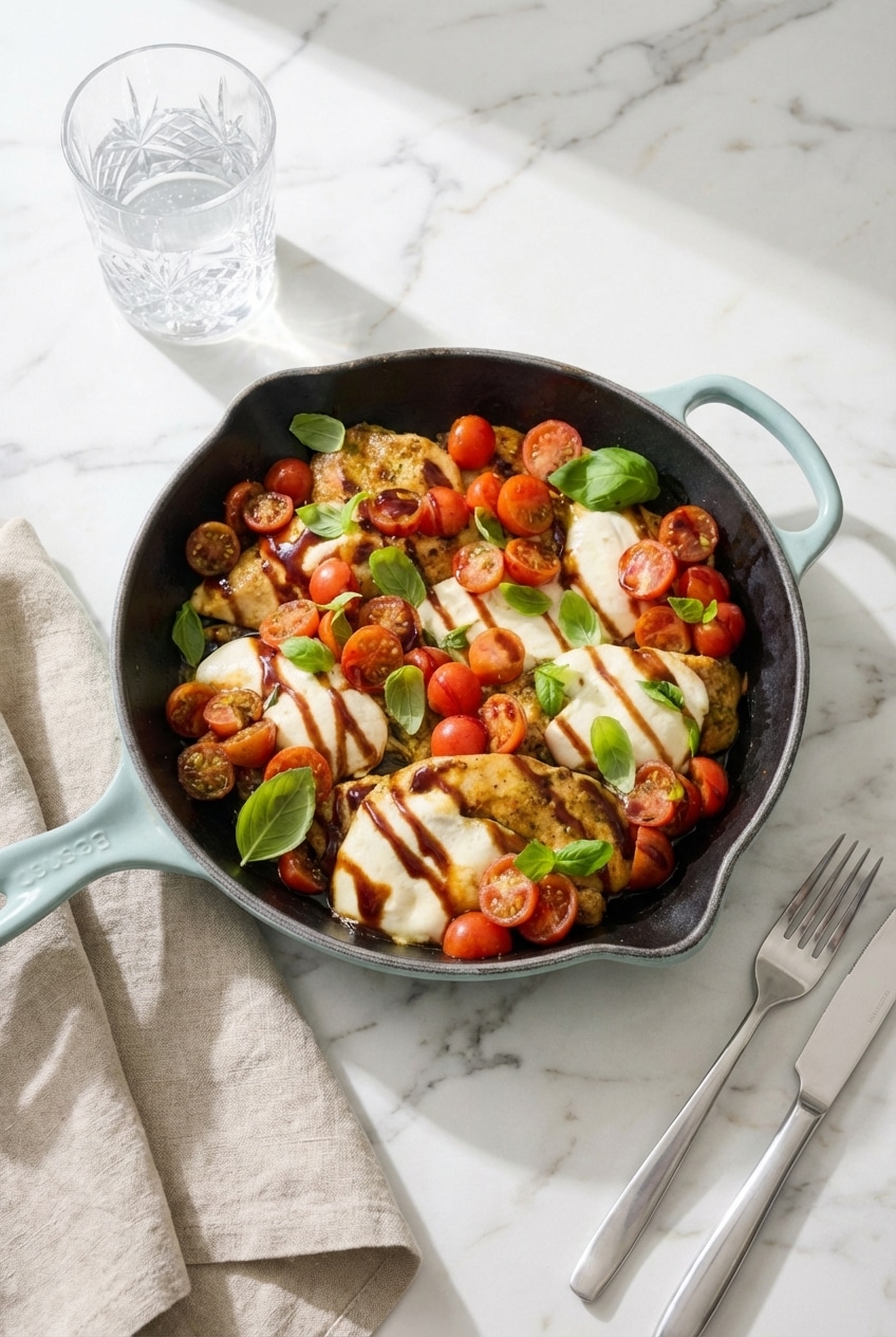 Plated chicken caprese garnished with extra virgin olive oil and sweet basil, ready for serving.