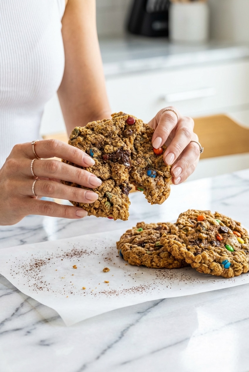 A stack of finished monster cookies ready for serving on a ceramic plate.