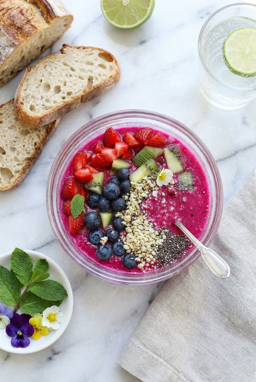 A prepared pitaya bowl served on a bright table, showcasing a healthy lifestyle and morning routine.