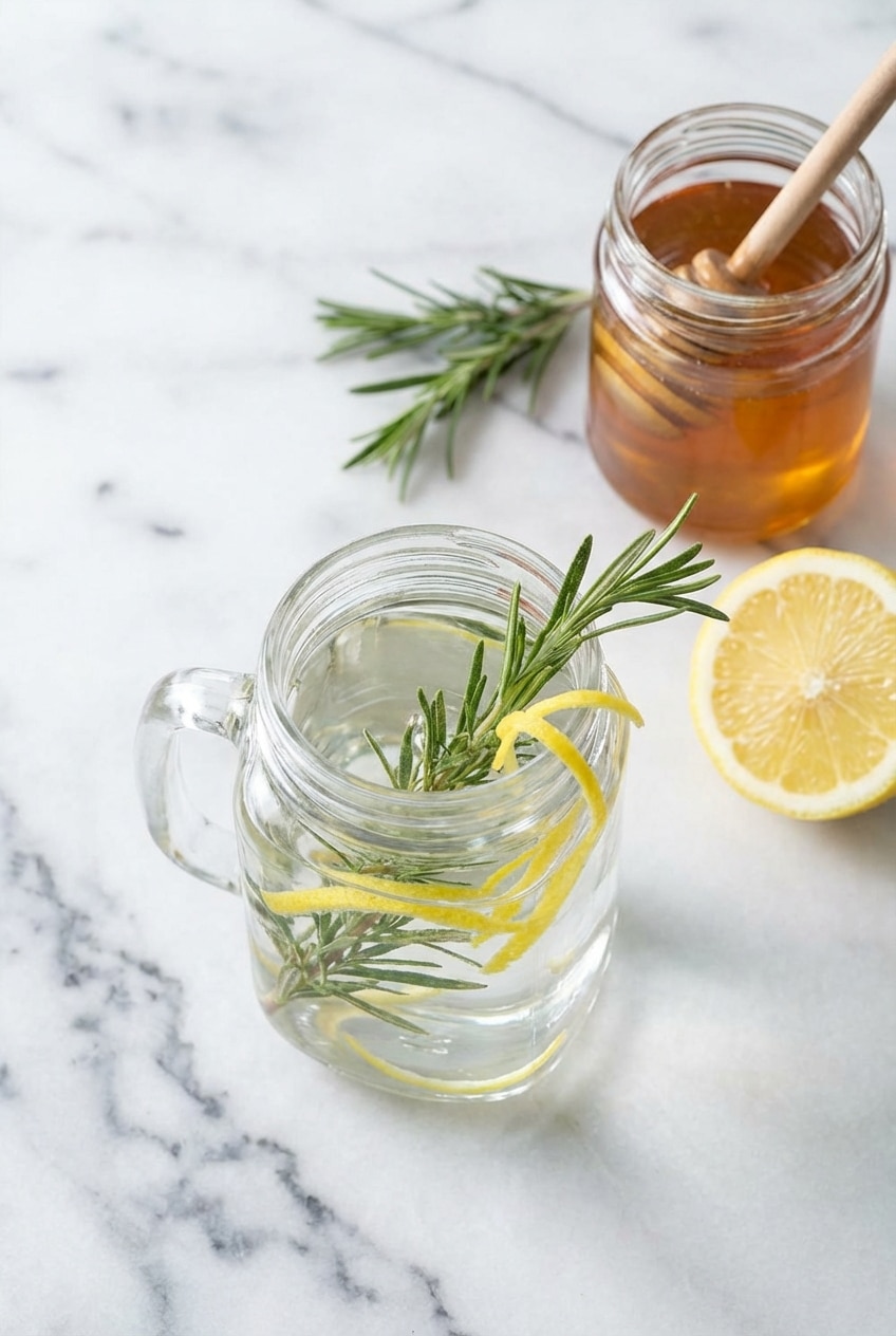 A beautifully served cup from our rosemary tea recipe resting on a rustic saucer alongside a freshly cut lemon wedge.