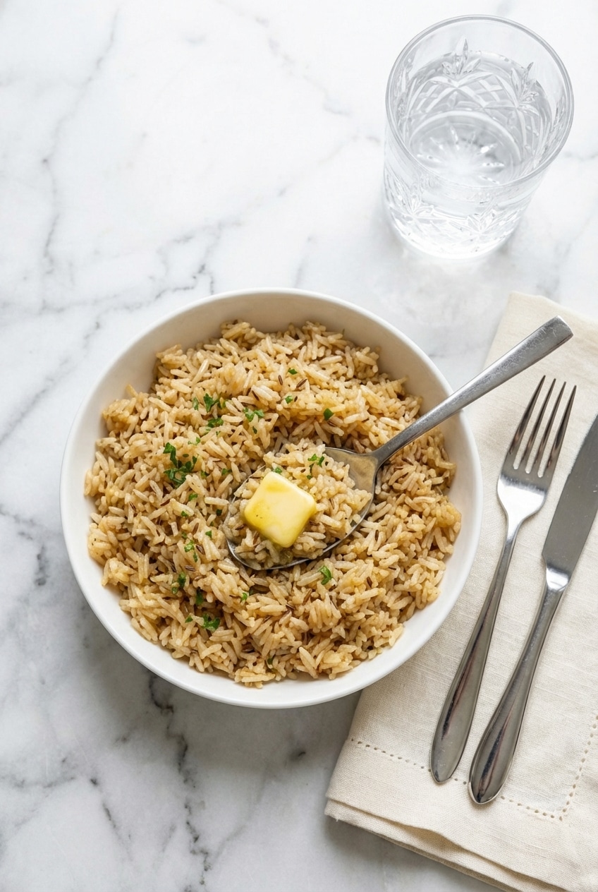 A plate of Garlic Butter Rice served alongside a main course for a cozy weeknight dinner.