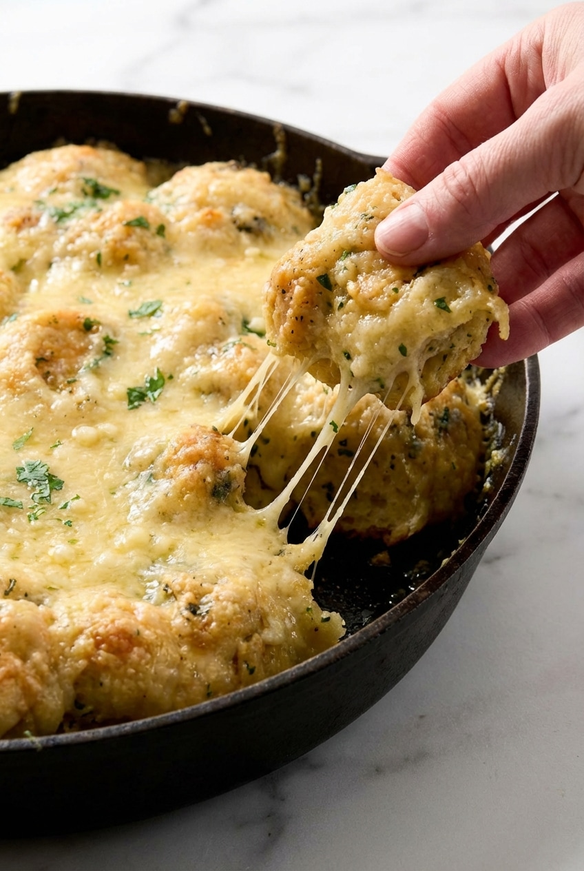 A hand picking up a fluffy garlic knot from a plate next to a small bowl of red marinara sauce.