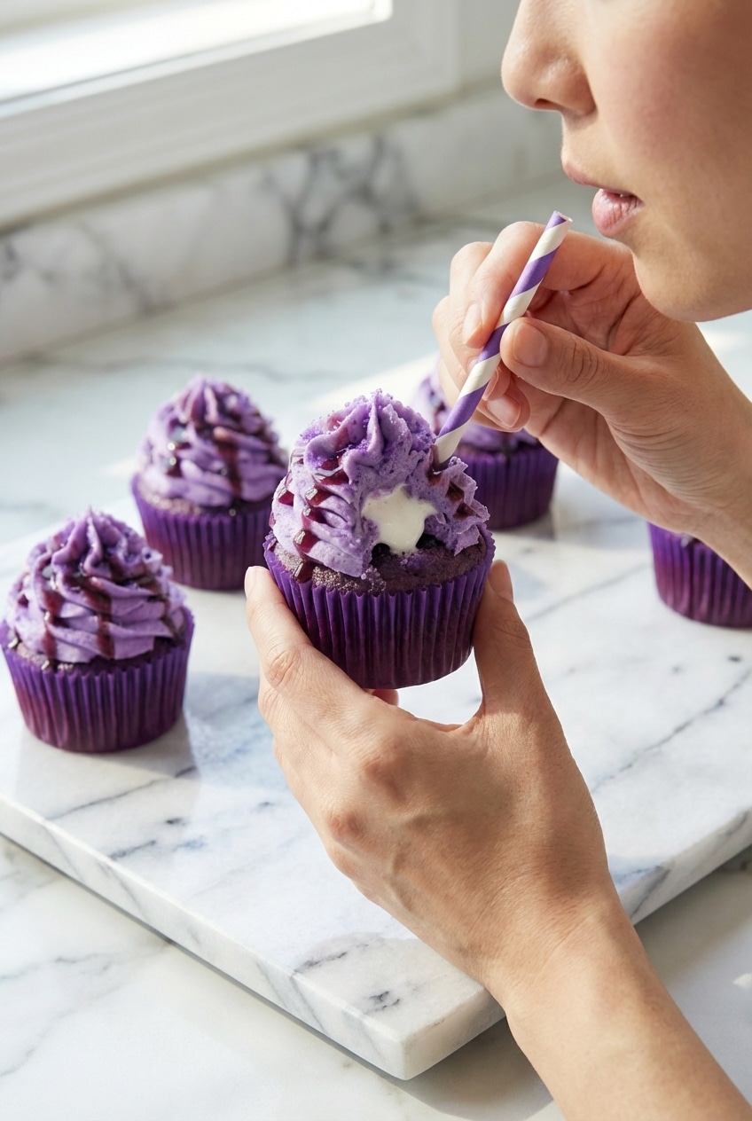 A platter of frosted Grape Soda Cupcakes served on a brightly lit party table next to a cold drink.