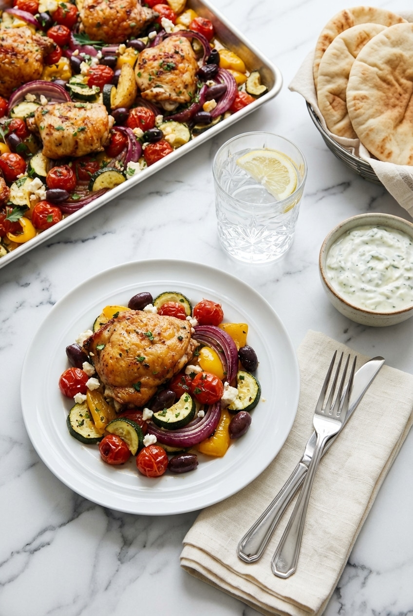 Plated greek sheet pan chicken topped with crumbled feta and fresh herbs ready for a healthy dinner.