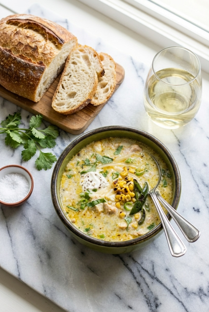 Green chicken enchilada soup being served from a slow cooker, highlighting its thick and hearty texture.