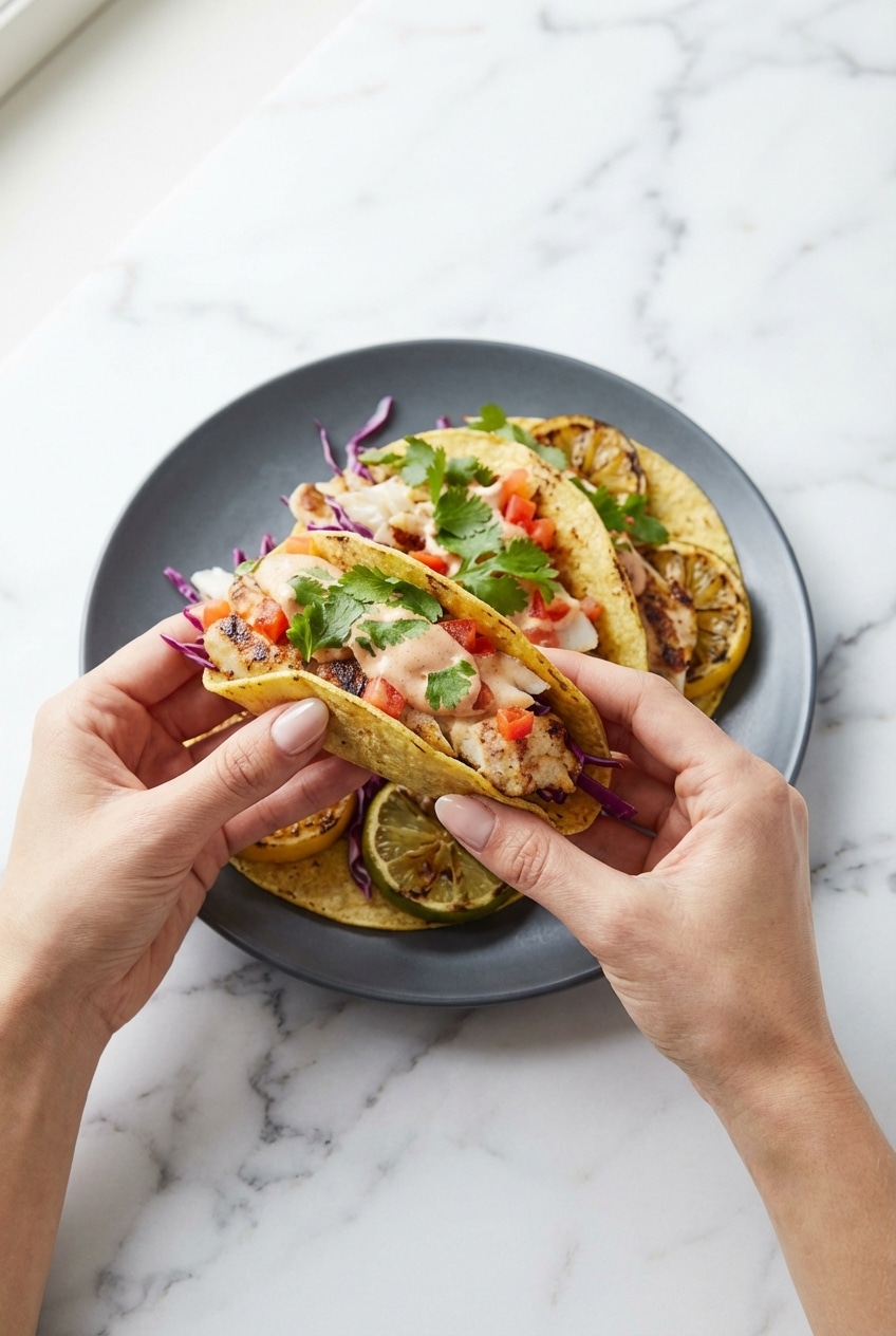 Assembled grilled fish tacos drizzled with Mexican crema and cilantro, served on a rustic wooden platter.
