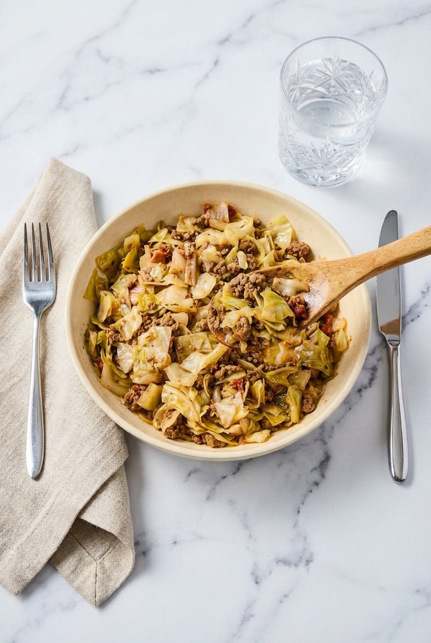 A steaming bowl of ground beef and cabbage served as a nutritious, low-carb weeknight dinner.