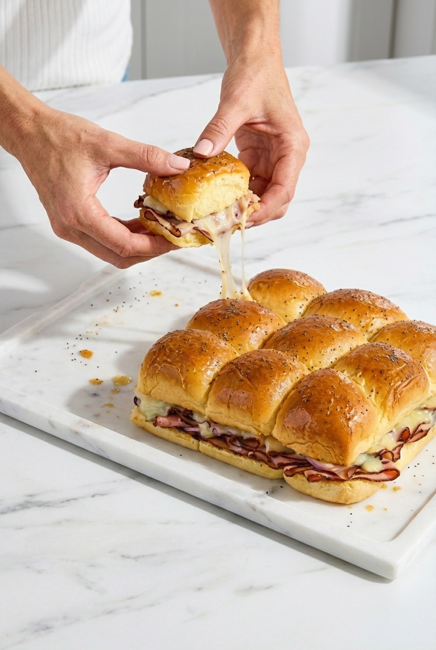 Platter of warm Hawaiian Roll Sliders ready for a game day appetizer or party snack.