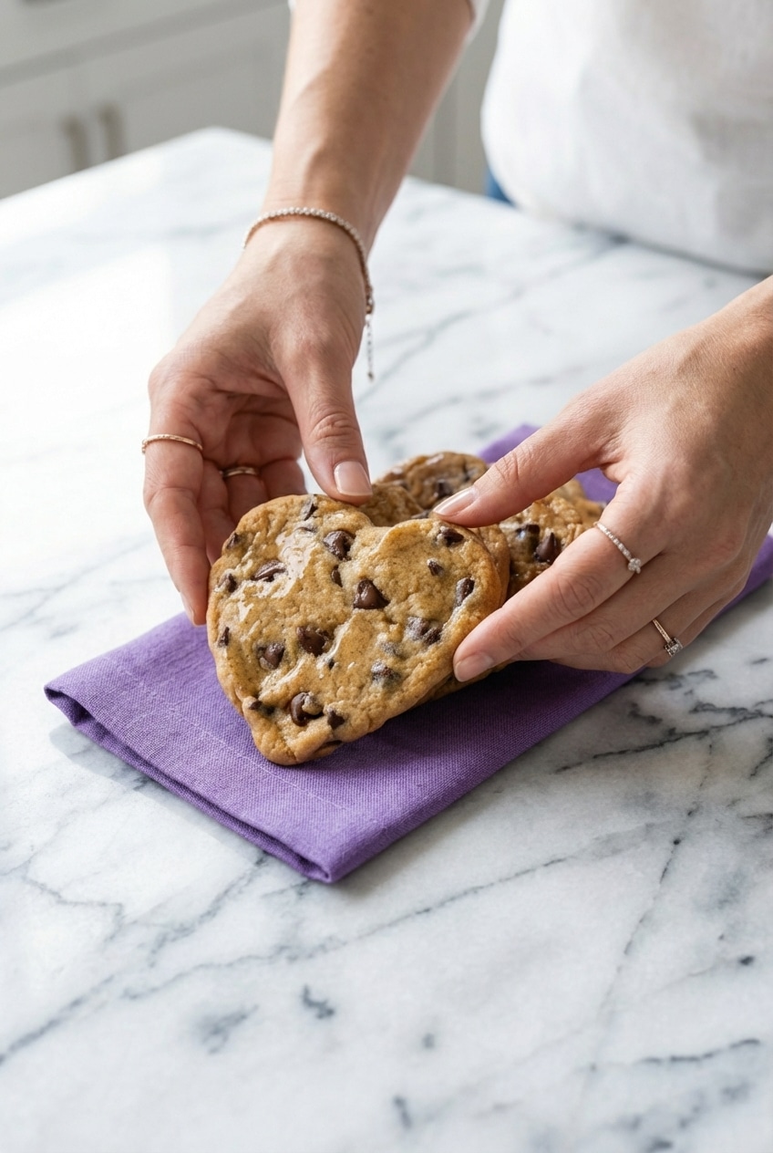 Fresh Heart Shaped Chocolate Chip Cookies cooling on a wire rack over parchment paper for a Valentine's gift.
