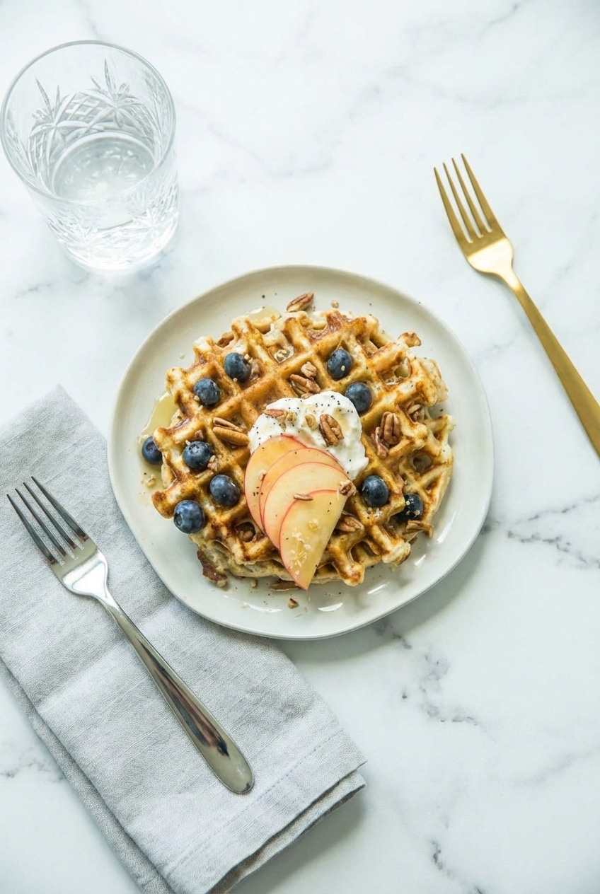 A stack of protein waffles recipe served on a plate, ideal for a macro-friendly meal prep breakfast.